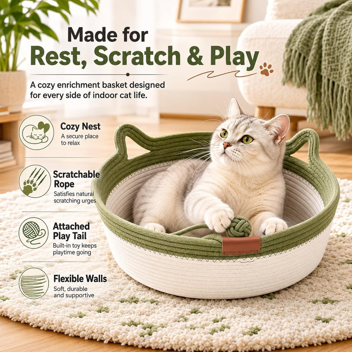 cingcinq handwoven cotton rope instinct basket bed for cats with teaser tail - view 2