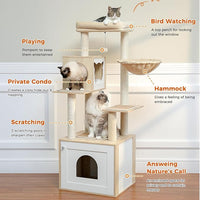 Tall Cat Tree with Litter Box Enclosure 56.7" Wooden Cat Tower for Large Cats with Cat Hammock House Bed (Wood Beige)