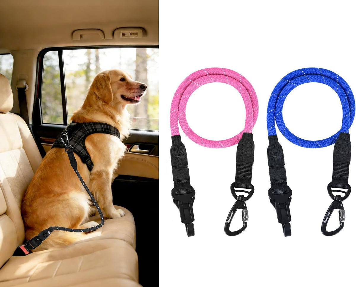 Dog Seat Belt for Car, Durable Rope Dog Car Harness for Vehicle – Essentials for Dogs - Blue, Pink / 2 Packs