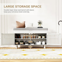 Storage Bench, Bamboo Shoe Bench with Padded Seat Cushion & 2 Doors, 2-Tier Entryway Bench with Lift Top Hidden Storage, 35.4" W x 12.6" D x 19.7" H, Shoe Rack Cabinet for Entryway, Living Room, White