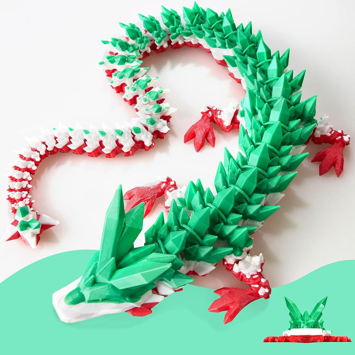 24" Large 3D Printed Dragon - Green White Red / 30 inch