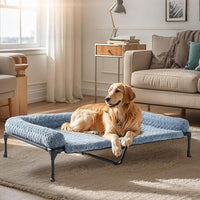 Veehoo Cooling Elevated Dog Bed Add Removable Deluxe Rose Plush Bolster Cushion Mat, 47" x 29" Washable Dog Couch Bed, Raised Pet Cot with Breathable Teslin Mesh, No-Slip Feet, Haze Blue, CWC2439B