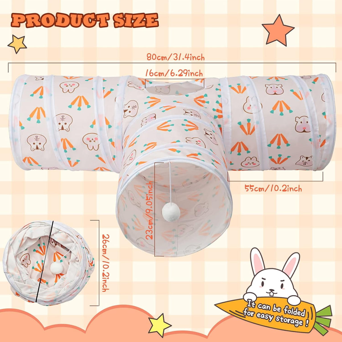 Bunny Tunnels & Tubes, 3-Way Collapsible Rabbit Hideout for Bunnies – Essentials for Small Pets - Carrot - image 2