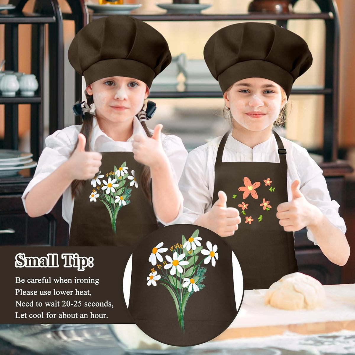 Kids Apron and Chef Hat Set Adjustable Child Art Aprons with 2 - H-brown / Large - image 4