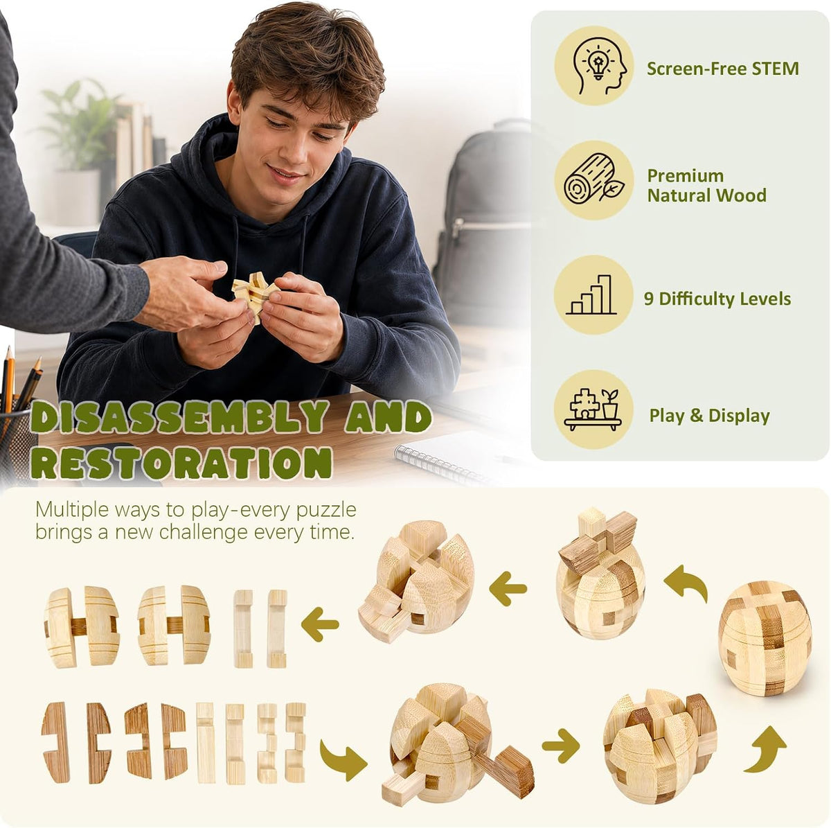 VolksRose 12pcs Wooden Brain Teaser Puzzles - A-9pcs-4.5cm - image 3