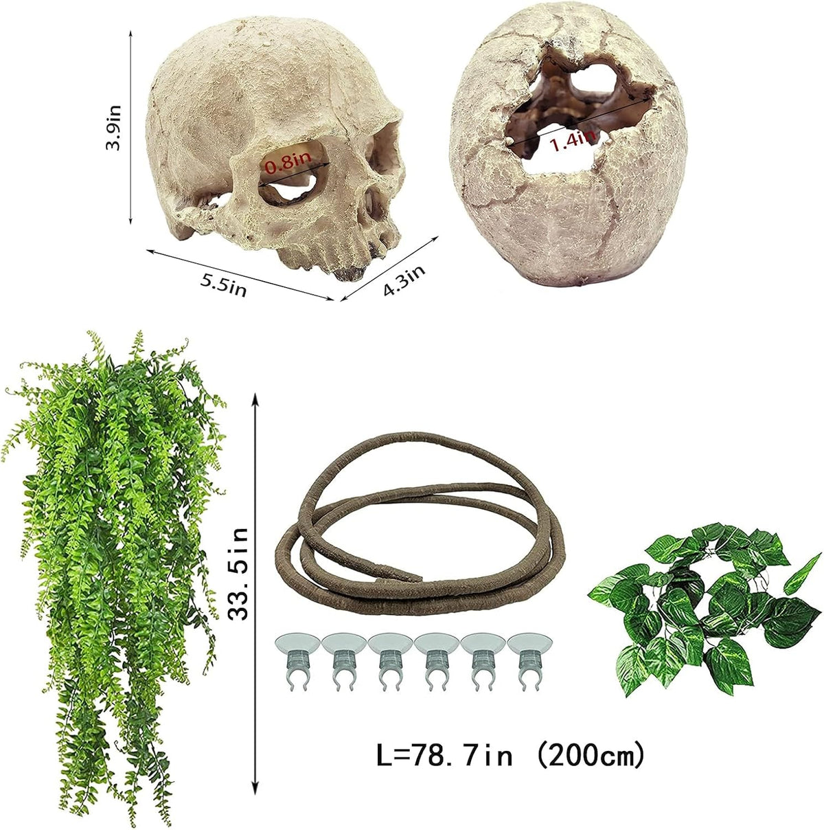 Reptiles Skull Hide Decorations Bearded Dragon Tank Accessories - Human Skull+Vine+Rattan+Leaf - image 3