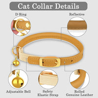 OOPSDOGGY Rolled Leather Cat Collar with Bell - Reflective Kitten Collar with Safety Elastic Strap - Adjustable Small Pet Collars for Boy Girl Cats (Camel)