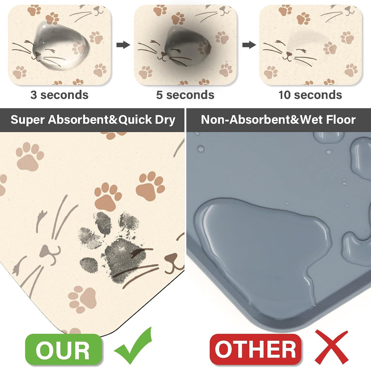 Patterned Cat & Dog Bowl Mat for Food and Water - Large (17" x 30") / Beige-catpaw - image 4