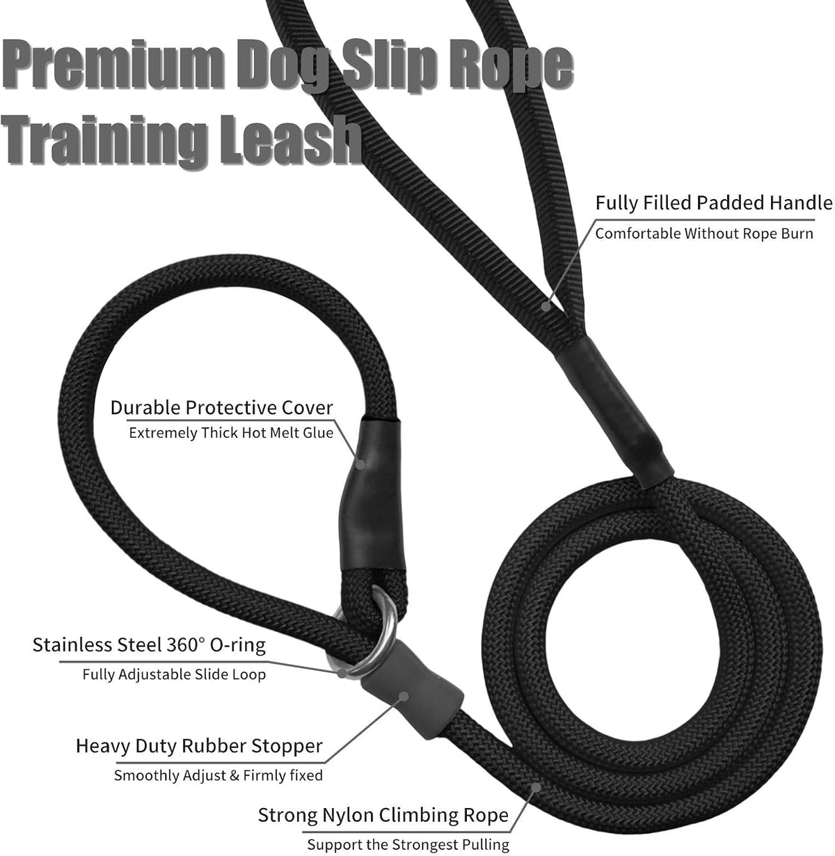 Strong Slip Rope Dog Training Leash - 1/2" x 4ft / Black - image 3