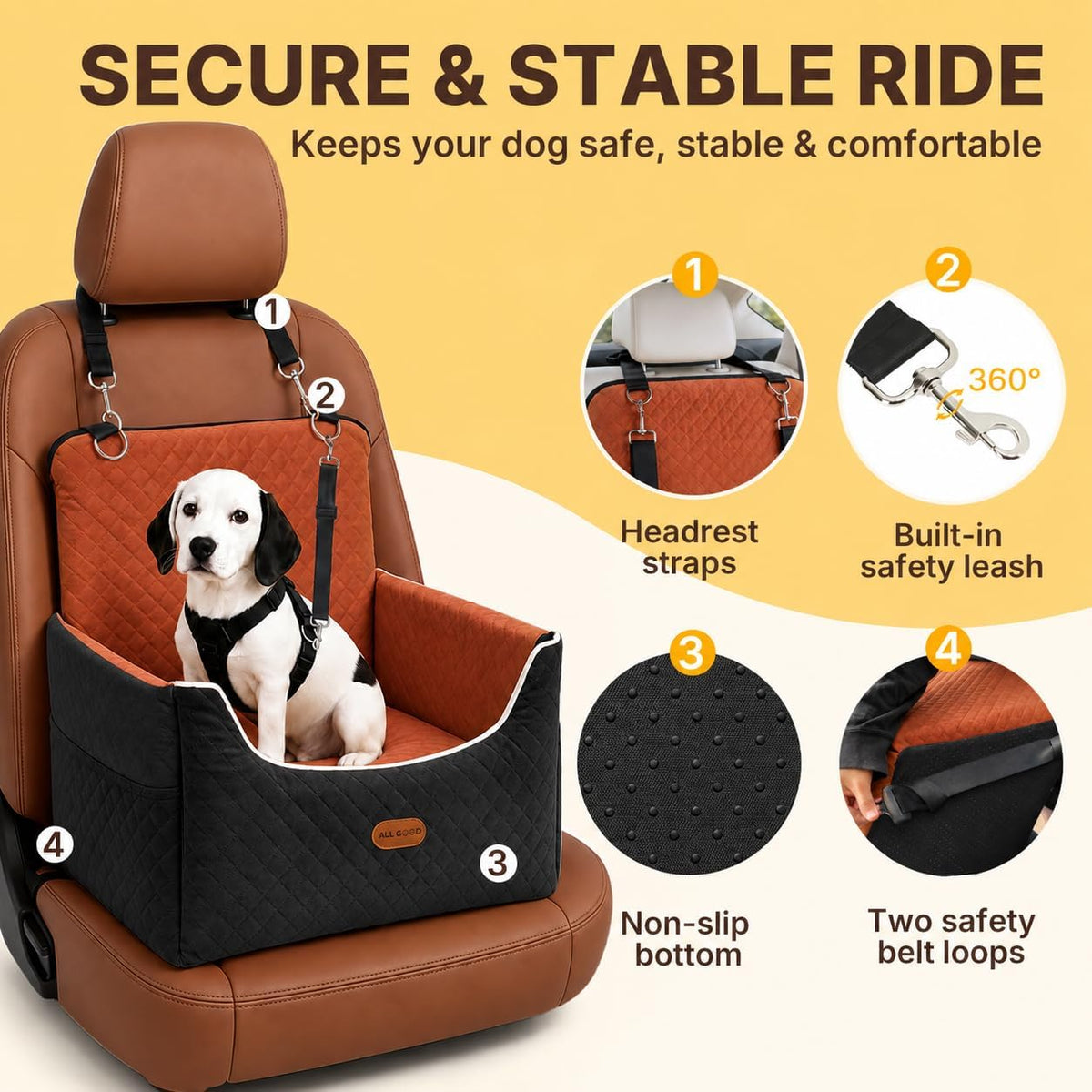 ALL GOOD PET SUPPLIES Dog Car Seat for Small/Medium Dogs Under – Essentials for Dogs - Black/Brown - image 2
