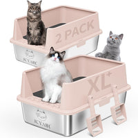 2PACK Stainless Steel Cat Litter Box with High Sides Lid - 2PK-Light Pink