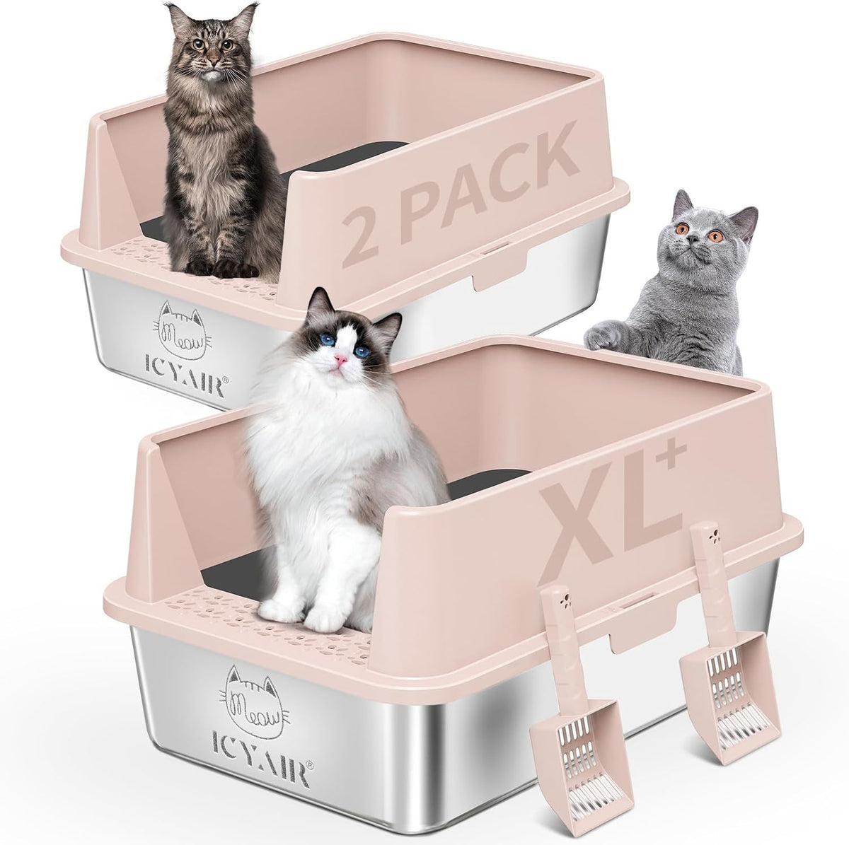 2PACK Stainless Steel Cat Litter Box with High Sides Lid - 2PK-Light Pink