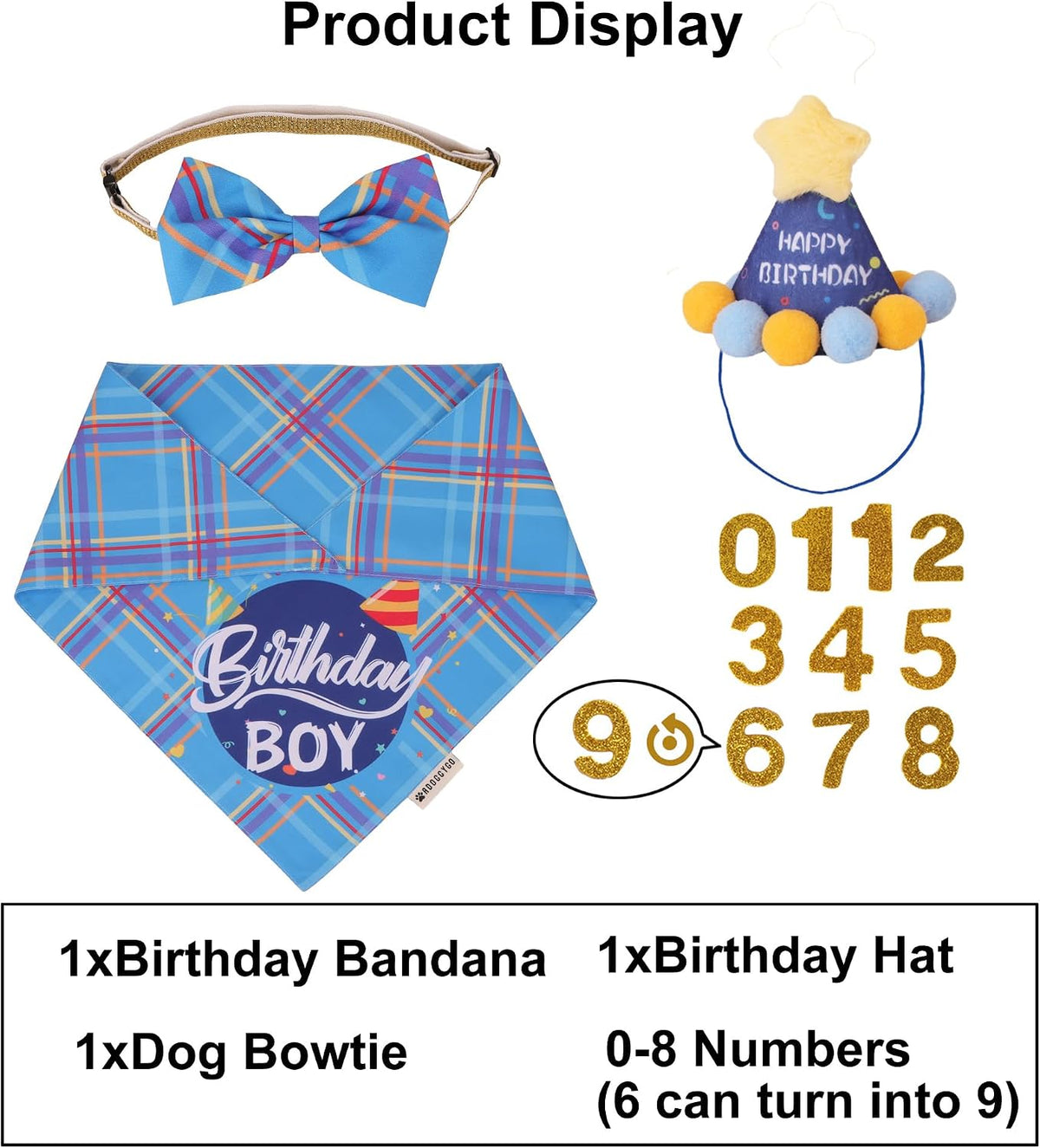 Dog Birthday Hat Bandana Set, Blue Plaid Boy Dog Bandana - Small / Sky Blue Boy - image 3