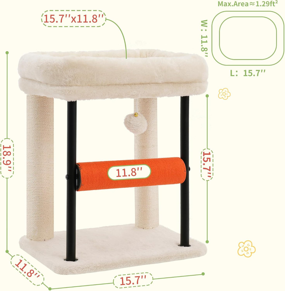Hey-brother Cat Tree, Sturdy Tower with Sisal-Wrapped Columns - 18.9 inches / Beige - image 3