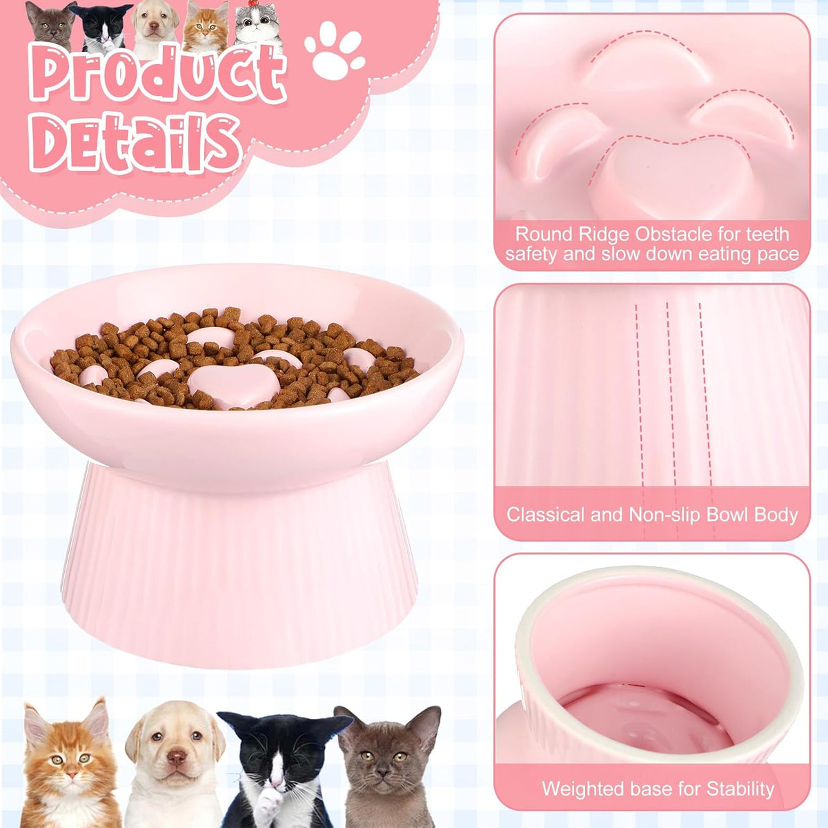 Tioncy 2 Pcs Ceramic Elevated Slow Feeder Cat Bowl - Black, Pink / 2 - image 3