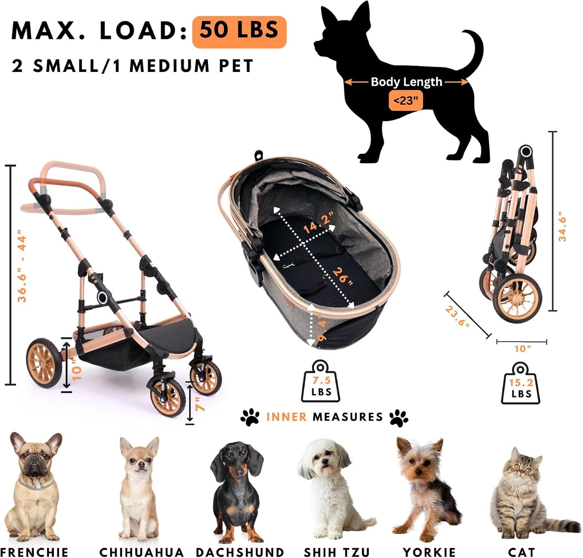 Bicystar Dog Stroller with Detachable Carrier, Rubber Wheels - Grey - image 3