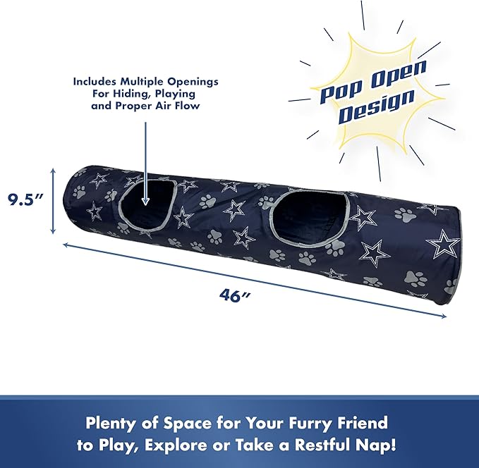 NFL Dallas Cowboys Cat Tunnel Tube Toy with Plush Football Catnip and Feathers Collapsible Tunnel for Cats to Play, Peek and Hide, Sporty & Fun Cat Tunnel Toy with Team Logo All-Over Design!
