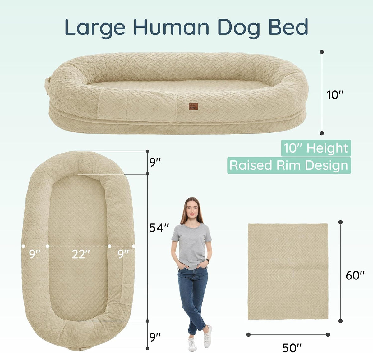 Orthopedic Human Dog Bed, with Faux Fur Washable Cover, Blanket - Linen / Human Dog Bed (72x40x10) - image 2