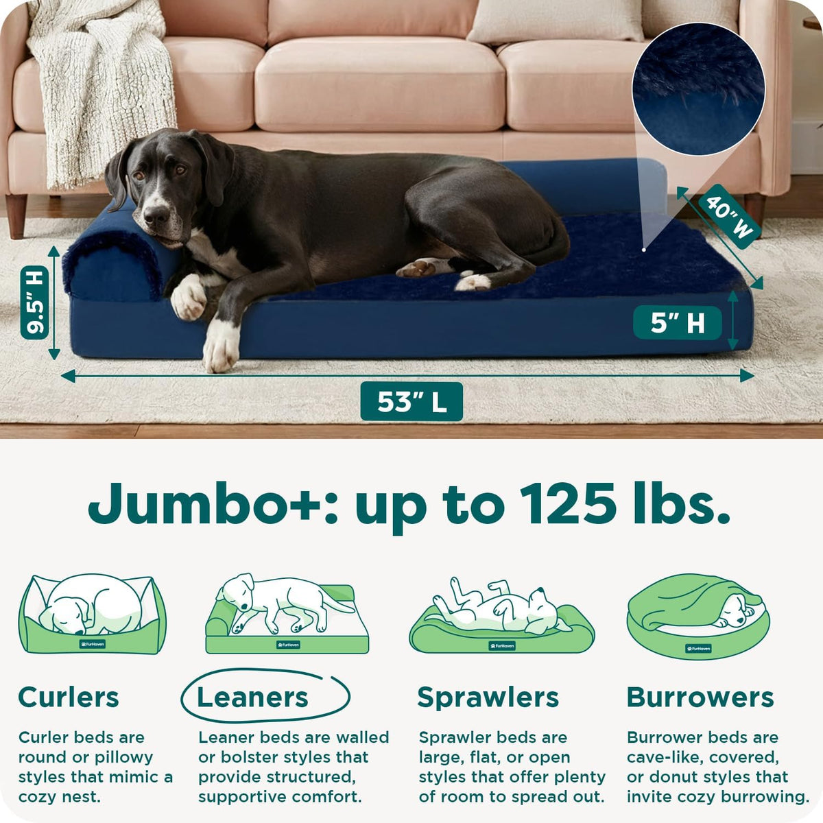 Furhaven Orthopedic Dog Bed for Large Dogs w/ Removable Bolsters - Jumbo Plus / Deep Sapphire - image 3