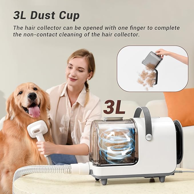 Bunfly Dog Grooming Kit,13000Pa Strong Grooming & Vacuum Suction 99.99% Pet Hair, 16 Pet Grooming Tools for Dogs Cats, 3L Large Capacity Dust Cup, Quiet Pet Vacuum Groomer (Silver & White)