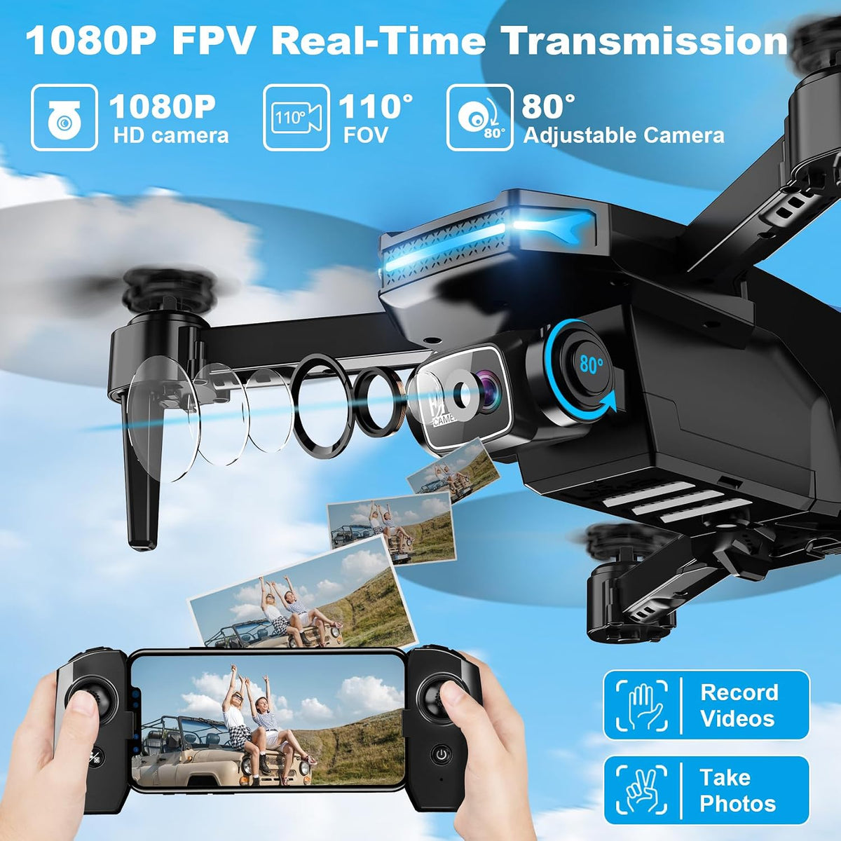Drone with 1080P Camera - Foldable Remote Control RC Quadcopter FPV Drone – Fun for Kids & Family - Black&Blue - image 2