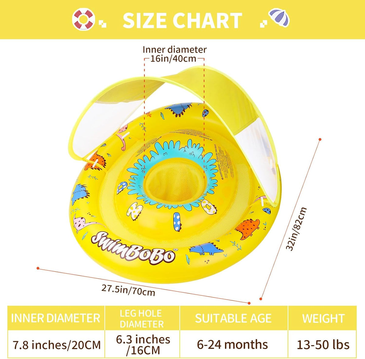 Swimbobo baby pool float with sun canopy and safety seat, Yellow Dinosaur design - view 13