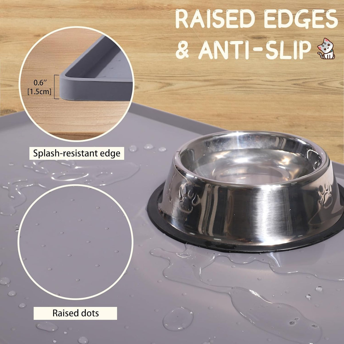 MateeyLife Silicone Cat & Dog Food Mat for Floors Waterproof - Gray / 24"L x 16"W - image 2