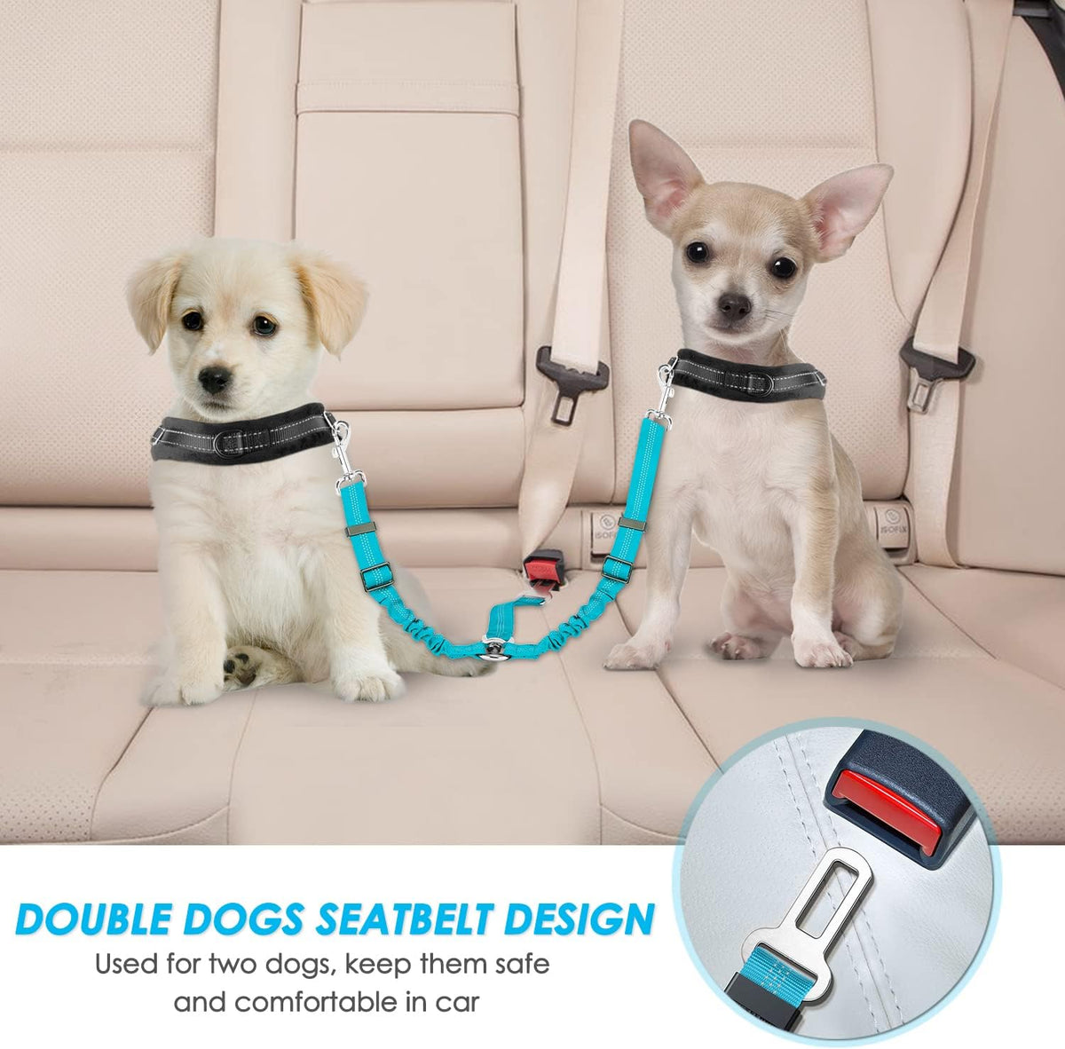 SlowTon Double Dog Seat Belt for Car with Elastic Bungee Buffer - C.Mint Blue / 2 Small in 1 - image 2