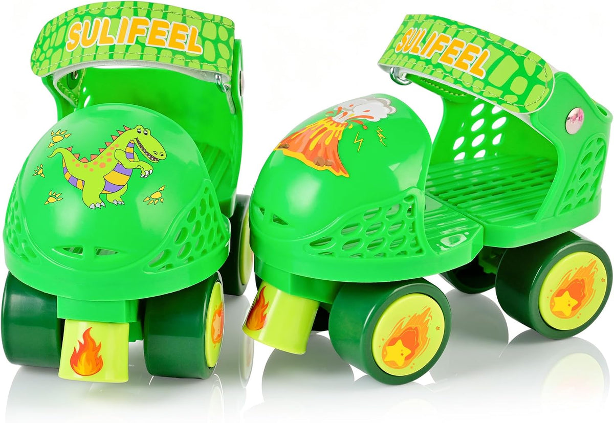 SULIFEEL Kids Adjustable Quad Roller Skates for Girls and Boys – Fun for Kids & Family - Dinosaur Green