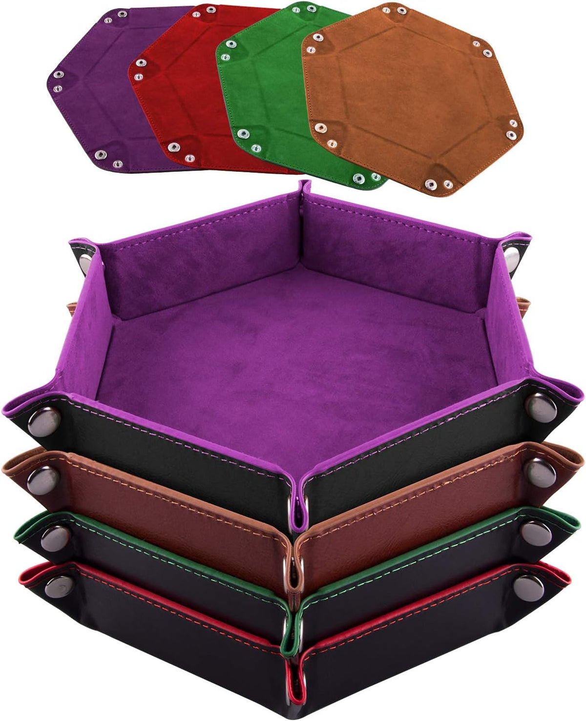 SIQUK 4 Pieces Dice Tray Set Foldable Dice Trays Hexagon Dice Rolling - Violet, Coffee, Green and Red