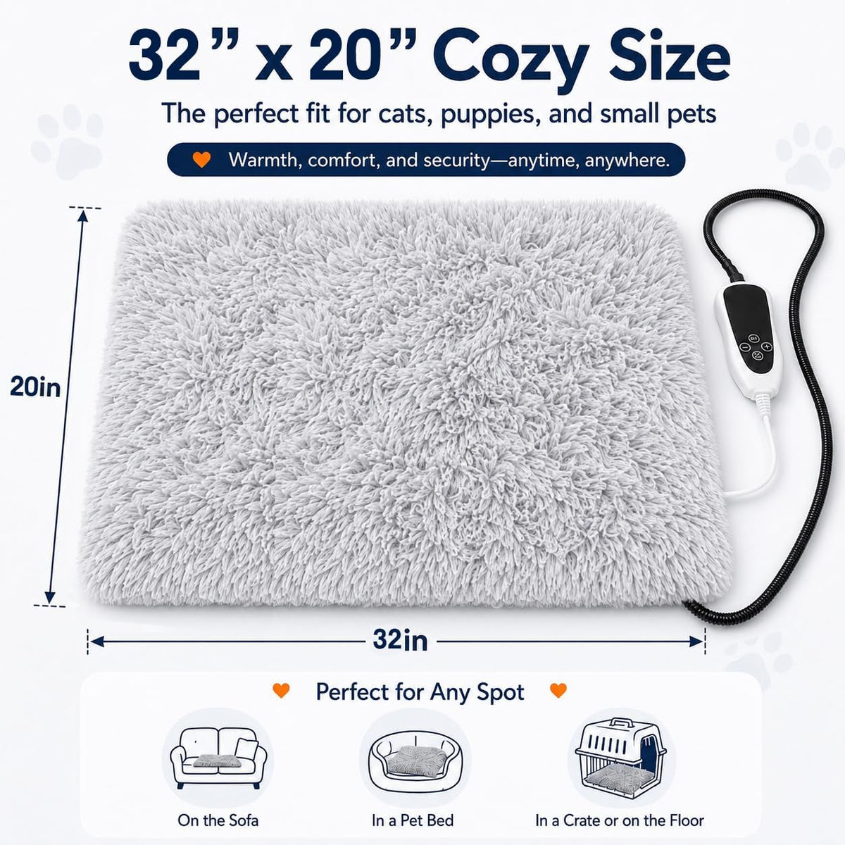 Pet Heating Pad for Cats with Normally Open Function - Grey Plush / 32.0"L x 20.0"W - image 2
