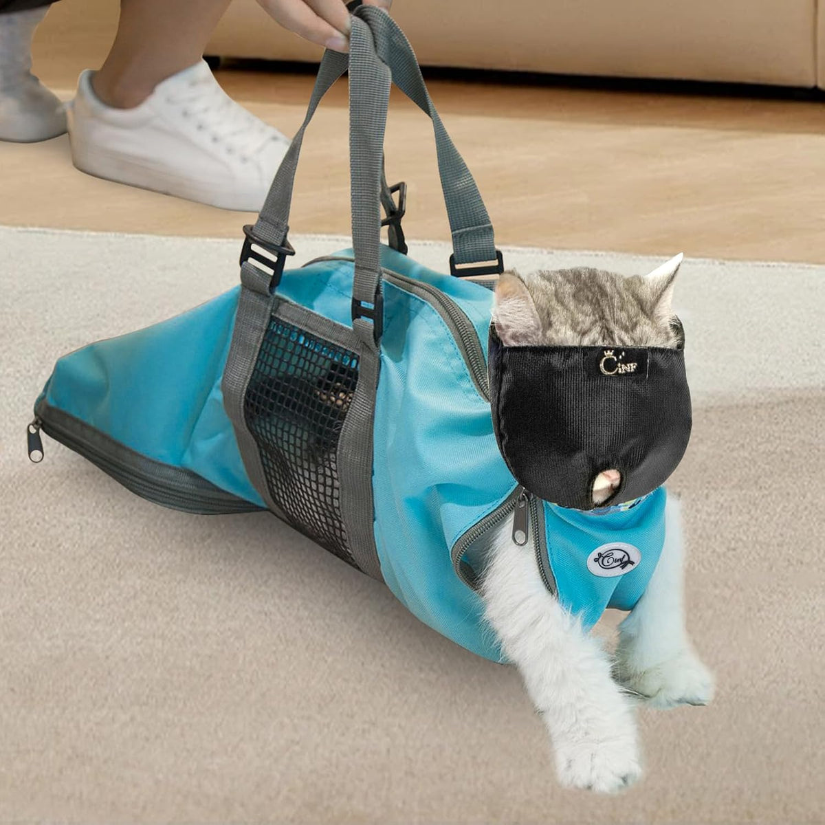 Cinf Cat Restraint Grooming Bag - M Size–Fits most adult cats (8–12 lbs) / Blue