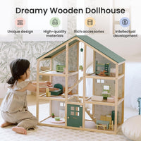 Tiny Land Wooden Dollhouse for Girls, 6 Rooms Wooden Doll House - Green - image 2