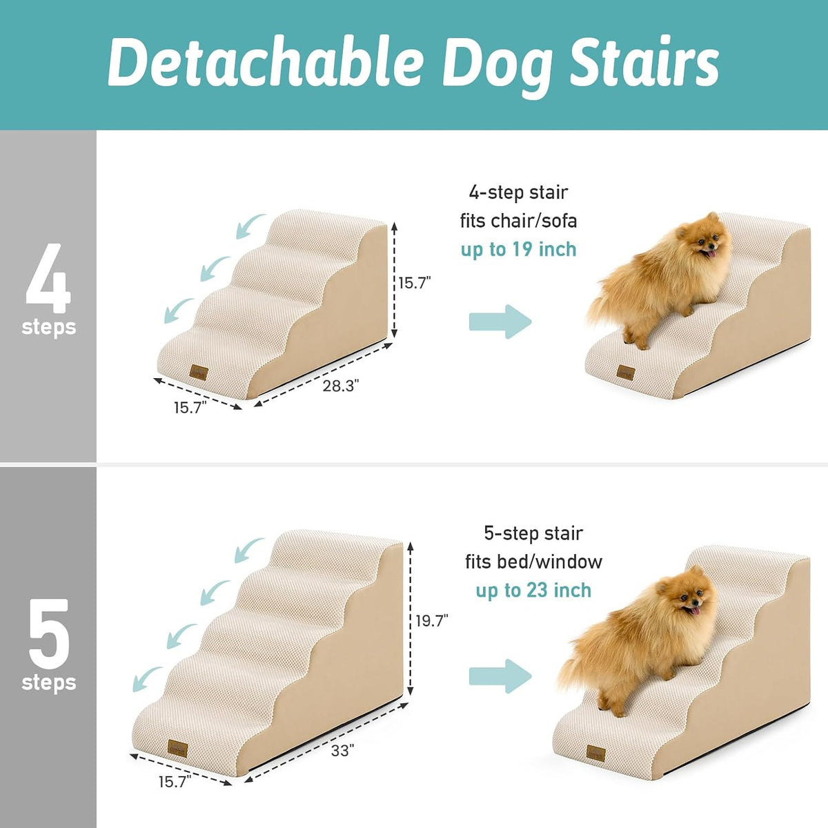 COZY KISS Dog Stairs for Small Dogs - Beige / 5 / 15.7x33x19.7 inch - image 2