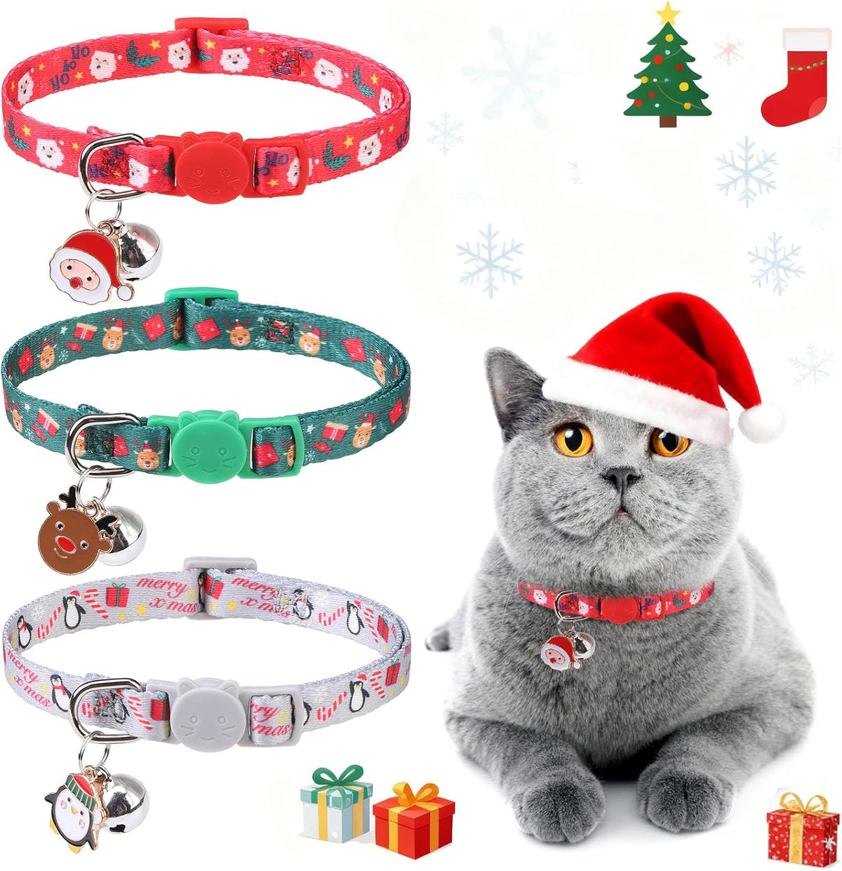 Cat Collar Breakaway, Soft Kitten Collar with Bell, Daisy - Christmas (Pack of 3)