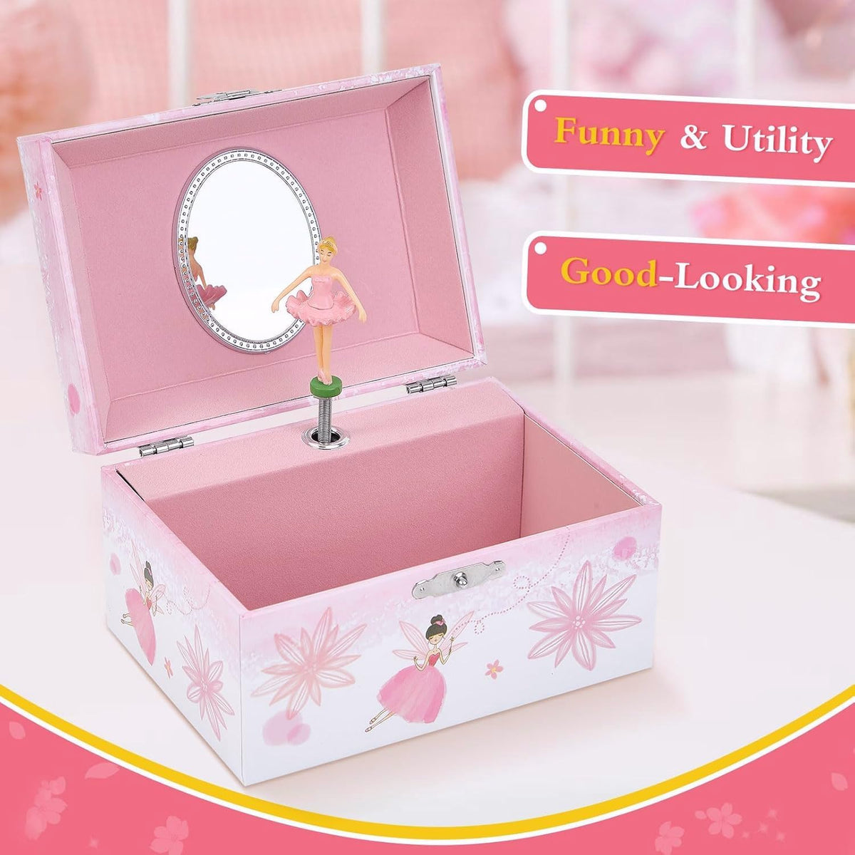 Girl's Gift Music Box with Spinning Ballerina - Pink flower fairy design - image 3