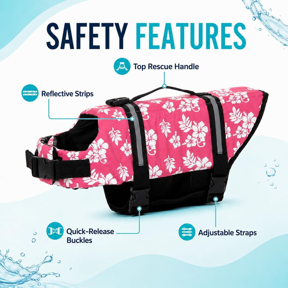 Dog Life Jacket Adjustable Dog Lifevest Swimsuit Safety Vest Apparel - A-Pink Flower / M:17-24 inch(Ribcage Girth) - image 2
