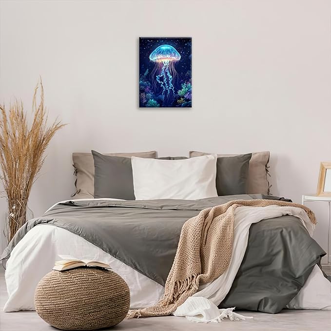Ocean Jellyfish Wall Art Canvas Coral Fish Wall Decor Prints Framed Painting Underwater Pictures Gifts Artwork for Bathroom Living Dining 16"x20"