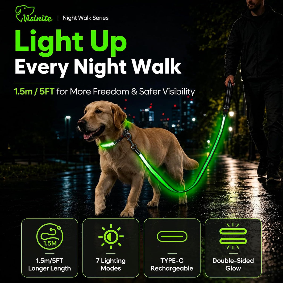 5 ft LED dog leash with 7 lighting modes, reflective strips and USB charging - view 2