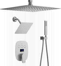 Shower System Brushed Nickel Shower Faucet Set with 12 Inch Ceiling Mounted and 8 Inch Wall Mounted Dual Shower Head and Handle Set with Temperature Display Function