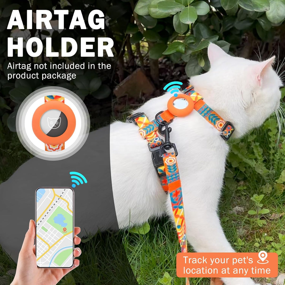 Adjustable Cat Harness and Leash Set with AirTag Holder - Orange - image 2