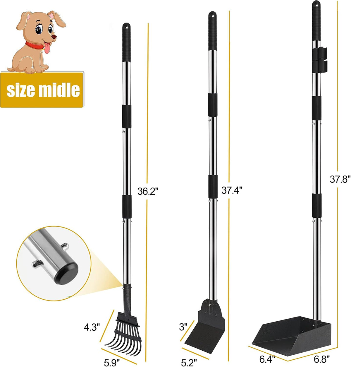 Pooper Scooper for Dogs, Metal Poop Scooper Tray and Rake Set with Adjustable Long Handle, Dog - Silver & Black - image 3
