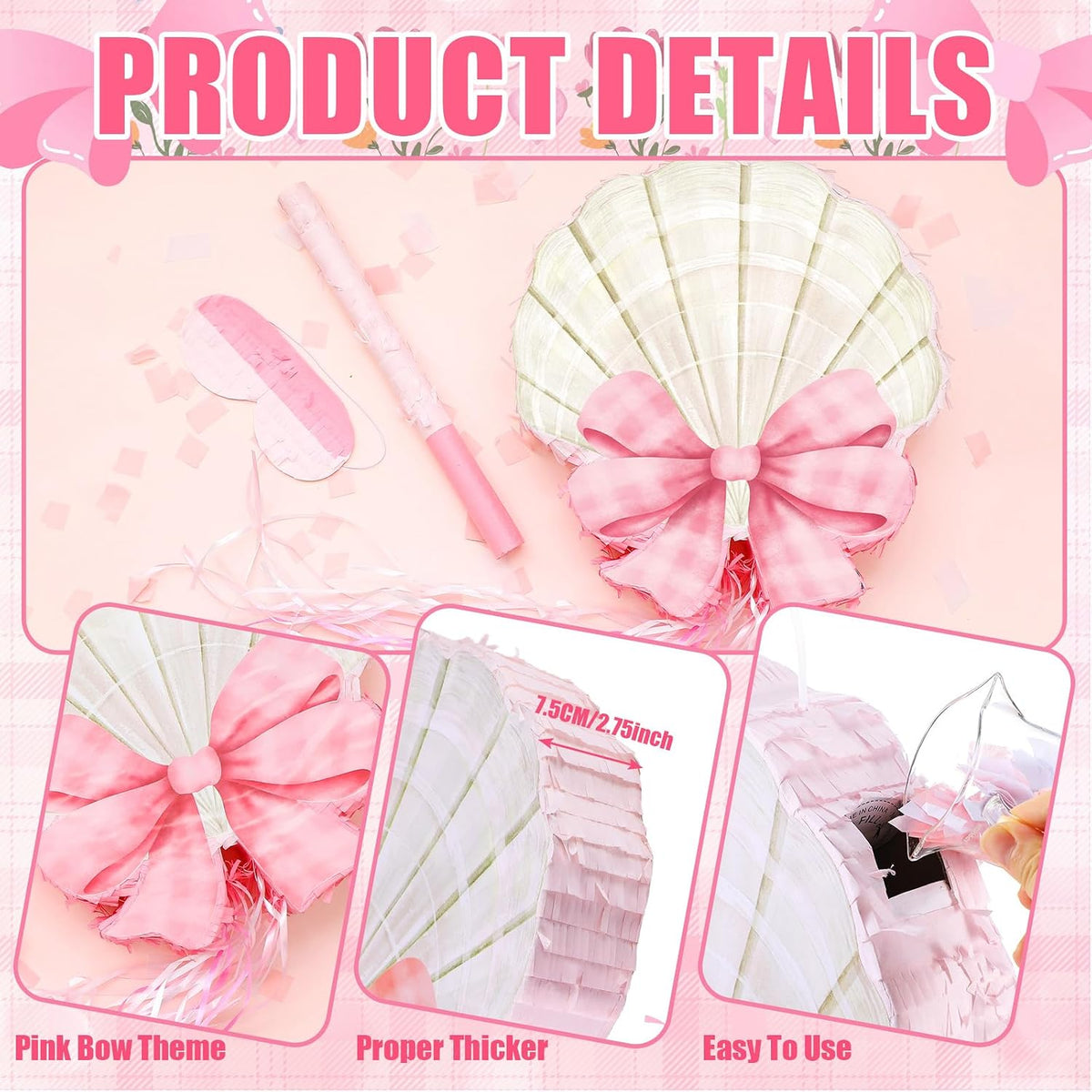 Feifeiya pink bow piñata with pink and white bat, eye masks and confetti - view 18