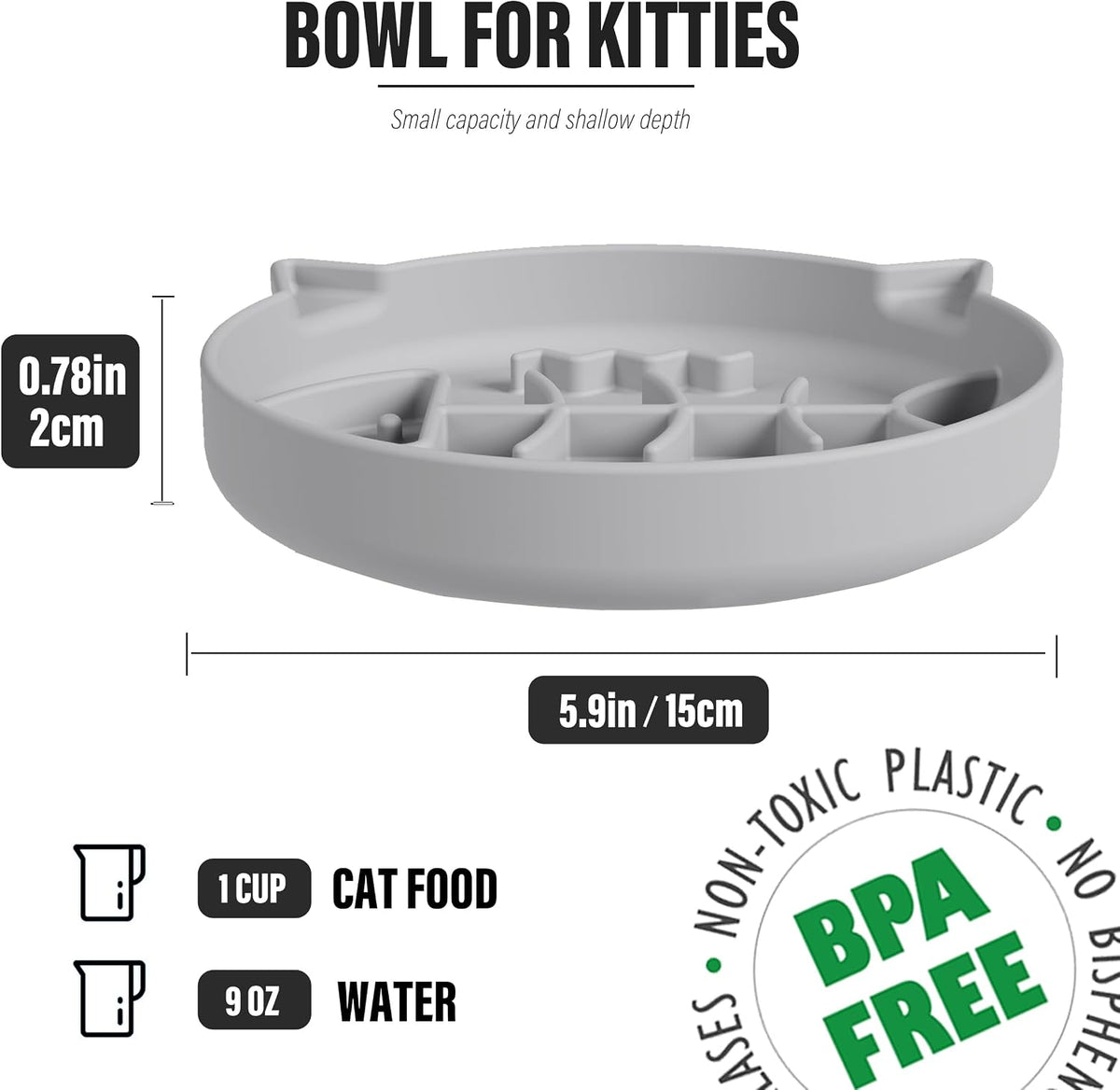 Silicone Cat Slow Feeder Bowl with Suction Cups - 1 CUP / Gray - image 2