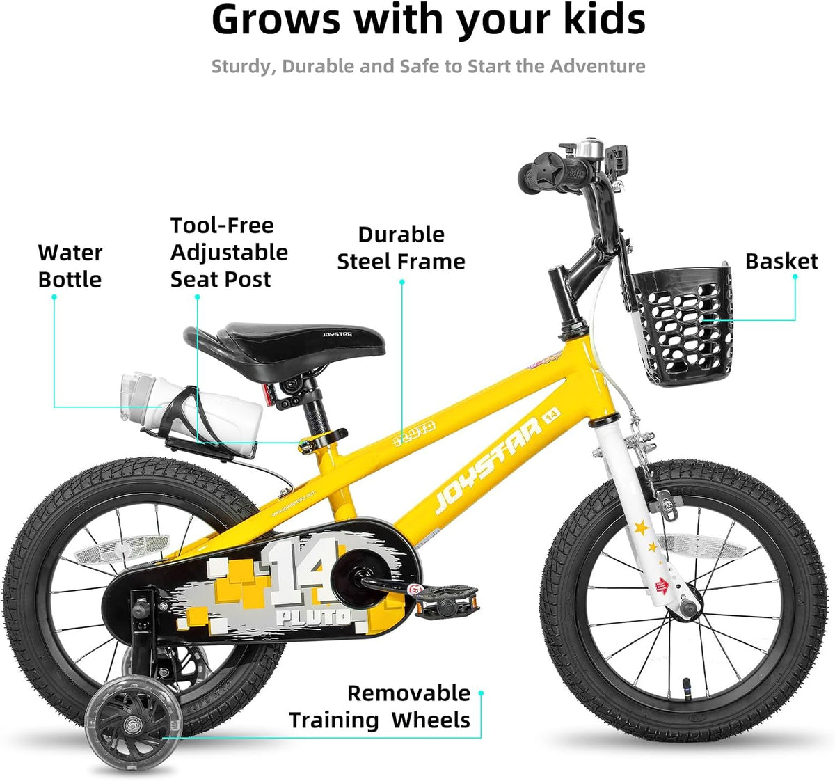 JOYSTAR Pluto 12-20" Kids Bike with Light Up Training Wheels – Fun for Kids & Family - Yellow / 14 Inch with Flash Training Wheels - image 2