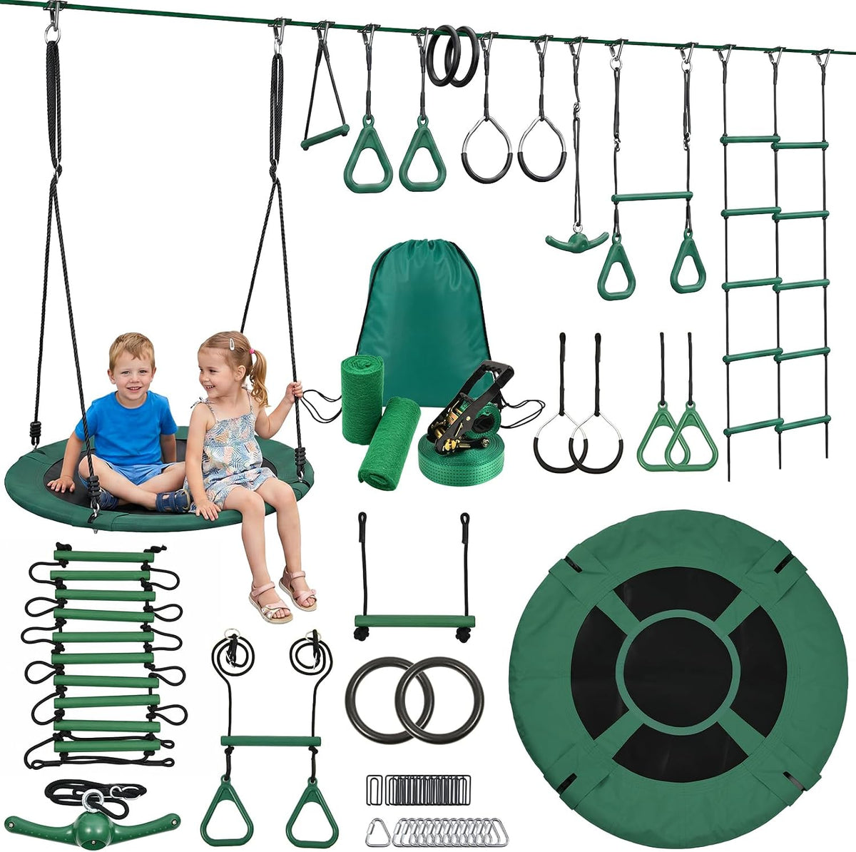 Hapfan 65 ft ninja warrior obstacle course for kids with saucer tree swing and climbing net - view 2