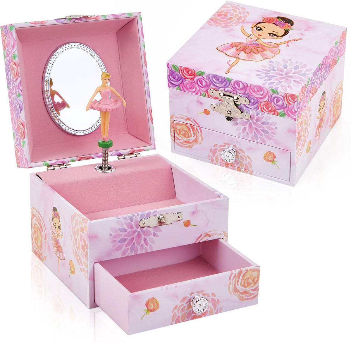 Girls Musical Jewelry Box with Drawer and Spinning Ballerina - Pink flower ballerina