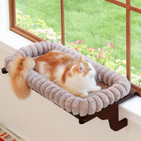 Zakkart SnugCloud Cat Perch for Windowsill – Essentials for Cats - Dark Stained Wood w/ Brown Bed / Large (25"x15")