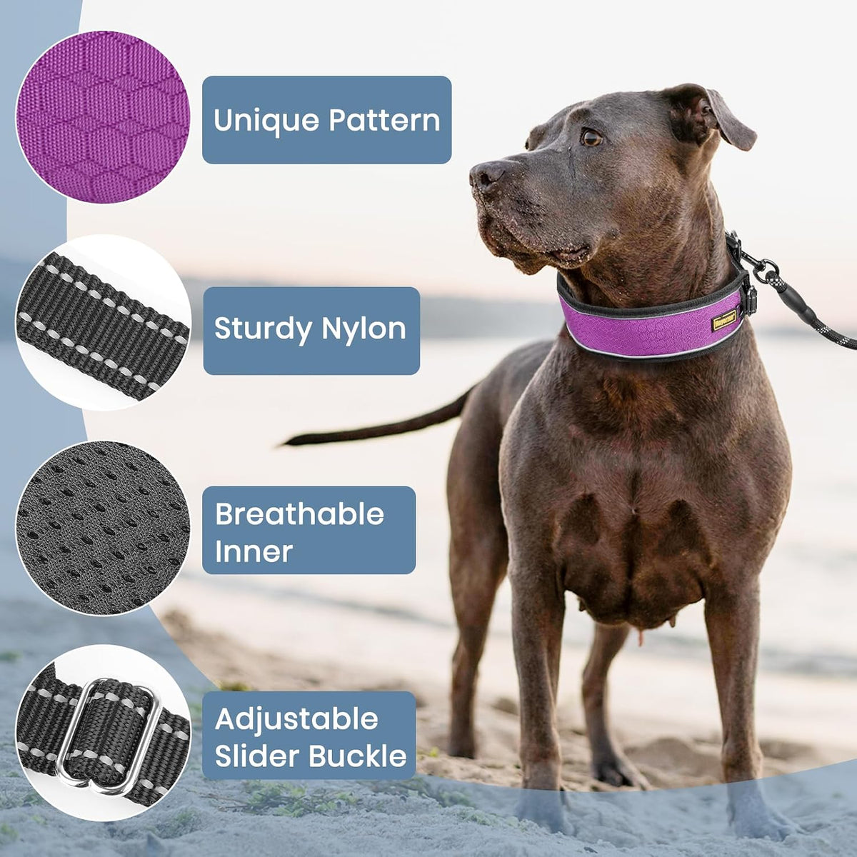 Mayerzon purple no pull dog collar with reflective threads and slider buckle - view 3