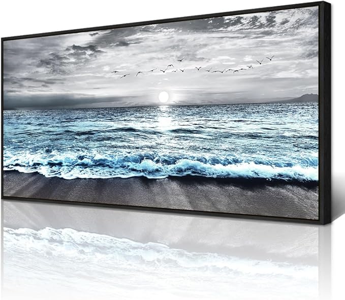 Wapluam Large Wall Art For Living Room Wall Decor For Bedroom Office Wall Decorations Black And White Wall Painting Blue Sea Wave Pictures Artwork For Modern Black Framed Beach Canvas Prints Poster